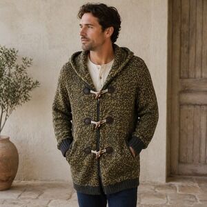 Mens Hooded‎ Toggle Cardigan Sweater M Yellow Brown Wool Blend Duffle Knit